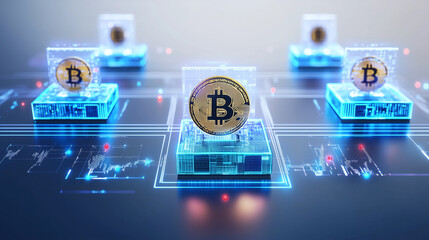 Vibrant glowing abstract representation of high-tech Bitcoin blockchain technology and mining, symbolizing decentralized finance, digital innovation, and the transformative potential of a Web3-driven 