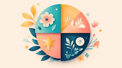 Fototapeta premium A vibrant circle is divided into four thematic sections, each highlighting different elements of nature, illustrating beauty and harmony