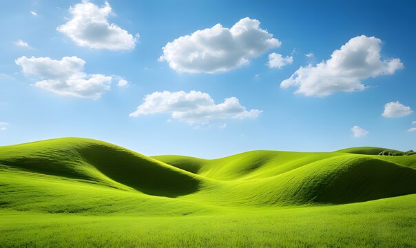 A breathtaking landscape of rolling green hills stretching towards a clear blue sky dotted with fluffy white clouds