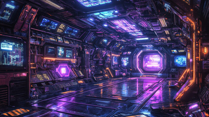 A futuristic spaceship interior.  Empty stage with reflective metal, vibrant purple and blue neon lights.  A 3D rendering of a sci-fi scene.