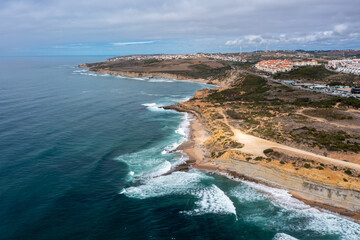 Aerial View of the Coast and Cliffs With the Ocean in Ericeira Portugal
