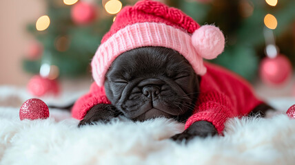 french bulldog puppy in christmas hat