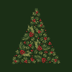 Series of floral christmas tree illustration in retro vintage classical style
