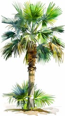 Watercolor Painting of a Tall Florida Sabal Palm Tree on a Bright White Background for Tropical and Nature Designs Generative AI