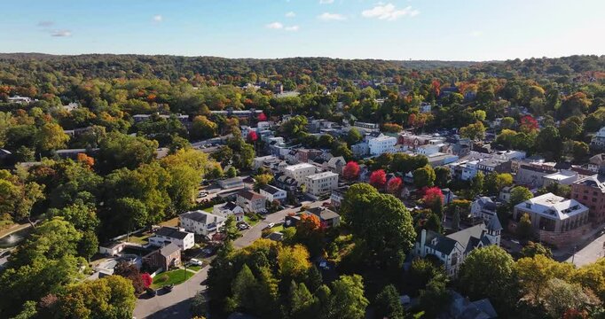 Morning fall, autumn, October 2024, aerial video of the area surrounding the Village of Dobbs Ferry, NY, USA