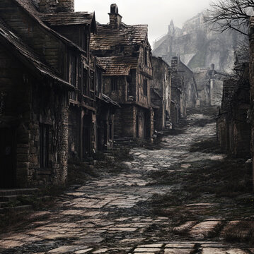 a town made of ruined buildings that have todays technology. cobblestone sidewalks.