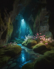 Enchanted Crystal Cavern with Glowing Flora