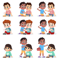 Kid Helping Friend Applying Wound Band Aid