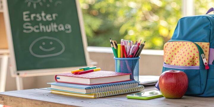 Einschulung &ndash; Schulzubeh&ouml;r und B&uuml;cher auf dem Schultisch