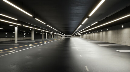 A sleek, modern parking garage.  Dark, reflective concrete walls are lit by bright white lights.  The image is a 3D rendering.