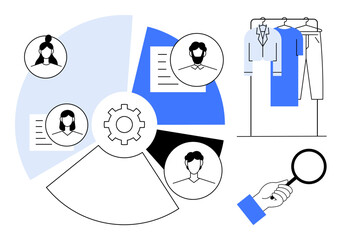 Hand holding magnifying glass over candidate profiles connected to pie chart, documents, and clothing rack. Ideal for hiring, HR, business analysis, market research, career development, team