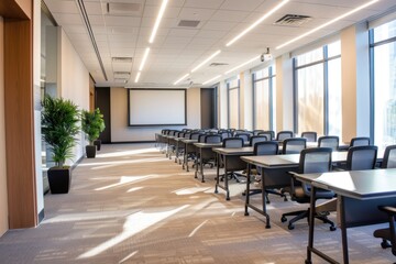 Fototapeta premium Modern conference room with rows of tables and chairs, ideal for meetings or presentations.