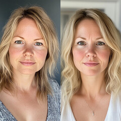 before and after picture of a woman in her mid thirties. Close up photos to show a difference in weight loss journey.