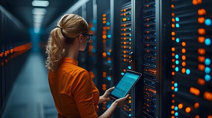 Expert Woman Network Engineer Analyzing Server Data Using Tablet in a Modern Data Center Environment. Women in Tech Concept