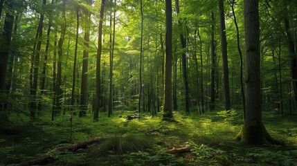 Fototapeta premium Tranquil Panoramic Rainforest Landscape with Diverse Flora and Towering Trees