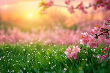 Obraz premium A serene landscape featuring blooming flowers at sunrise, evoking tranquility and beauty.