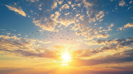 Fototapeta premium Serene Sunrise with Birds Flying in the Sky