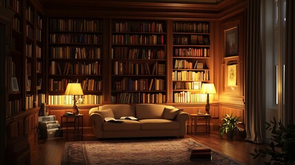 Cozy Evening in a Classic Wooden Book-Filled Library with Warm Lighting