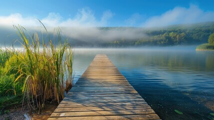 Obraz premium Serene Lake Dock in Morning Fog and Mist