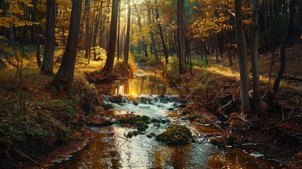 Fototapeta premium The lush green forest is full of mystery. A small river flows through the center, and the trees are covered in moss.