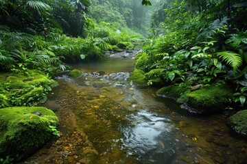 A serene forest scene featuring a gentle stream surrounded by lush greenery and mossy rocks.