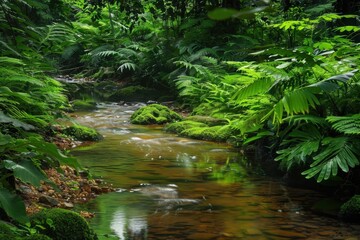 A serene forest scene featuring a flowing stream surrounded by lush greenery and ferns.