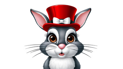 Rabbit in a red top hat. Isolated on white background.