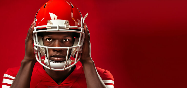 Football player wearing a helmet looking intensely isolated on a red background