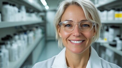Fototapeta premium A Smiling Female Pharmacist in a Modern Pharmacy Filled With Shelves of Medication During Daytime, Showcasing a Welcoming and Professional Atmosphere