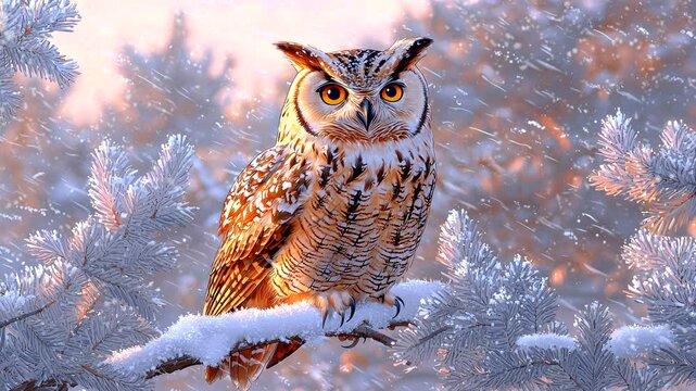 A majestic owl perched on a snowy branch in a serene winter landscape.