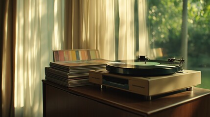 Obraz premium Vintage Vinyl Record Player with Colorful Record Covers Bathed in Natural Light in a Cozy Home Setting