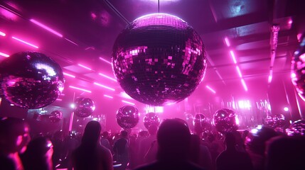 Dance Party in a Vibrant Nightclub Featuring Large Disco Balls Illuminated by Pink Lights, Creating a Lively Atmosphere for Partygoers During an Exciting Night Out