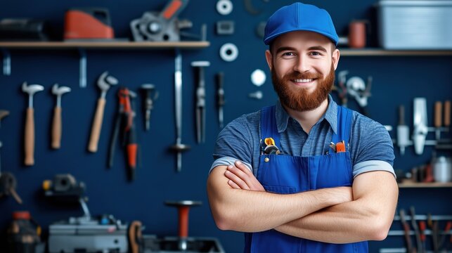 A Smiling Craftsman in a Workshop Confidently Poses With Arms Crossed, Surrounded by Tools of His Trade on a Blue Wall, Highlighting His Skill and Expertise in Handwork