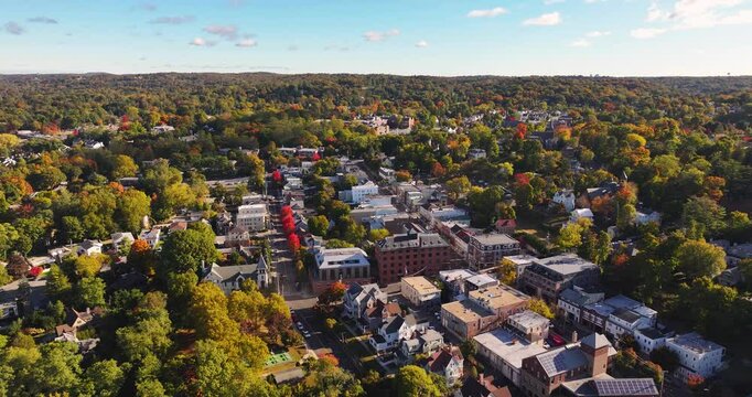 Morning fall, autumn, October 2024, aerial video of the area surrounding the Village of Dobbs Ferry, NY, USA