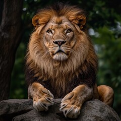 Fototapeta premium Lion looking in camera portrait powerfull eyes