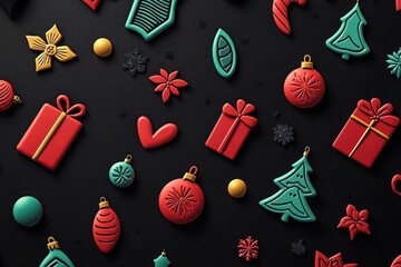 Black background showcasing minimalist Christmas icons in Crimson Red, Bright Green, and Amber with subtle Soft Black shadows and Frost Blue emboss 