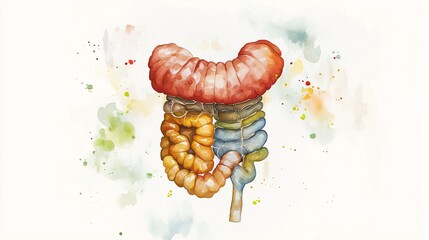 Artistic Diagram Illustrating the Human Digestive System with Colorful and Detailed Representation of Organs Like Stomach, Intestine, and Colon for Educational Use