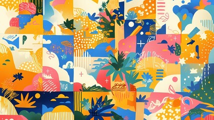 Retro abstract geometric trees and houses illustration poster background