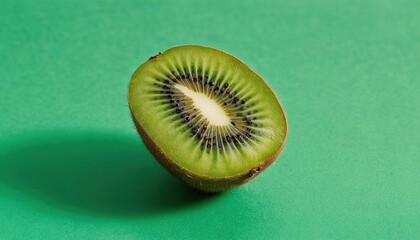 kiwi fruit sits atop a lush, emerald green background 