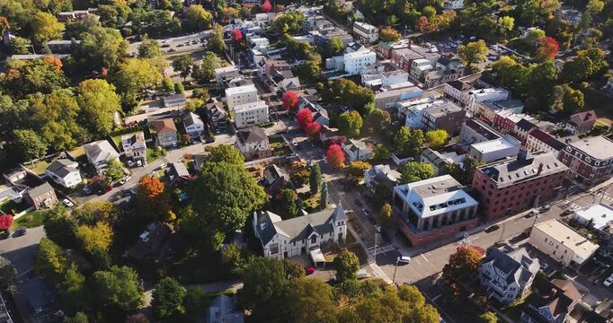 Morning fall, autumn, October 2024, aerial video of the area surrounding the Village of Dobbs Ferry, NY, USA