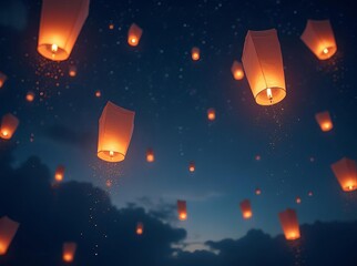 Traditional Sky Lantern Festival Celebration at Night: Atmospheric Cultural Event with Multiple Floating Lanterns