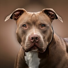 Obraz premium 筋骨隆々とした体格で体長が体高よりやや長く比較的大きめの中型犬です。丸い大きな東部両目は離れていて花は短く、開口部は大きい