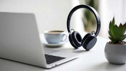 Modern Workspace with Headphones Laptop and Coffee