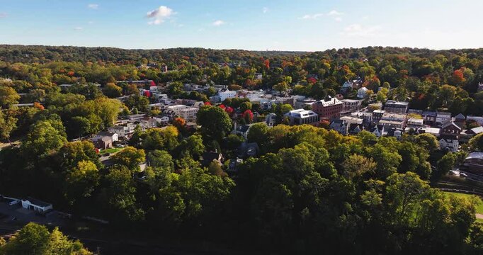 Morning fall, autumn, October 2024, aerial video of the area surrounding the Village of Dobbs Ferry, NY, USA