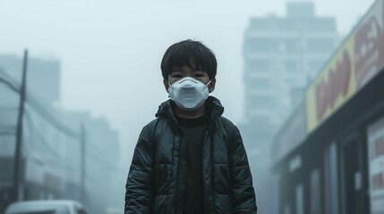 A kid boy wears a mask in a polluted city. The concept of urban environmental challenges, air quality, and protecting future generations. Generative AI.
