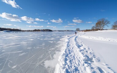 A scenic winter day featuring a solo skater gliding across a frozen lake under a clear blue sky with pristine snow.