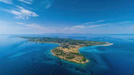 Aerial View of Lush Island Under Clear Blue Sky