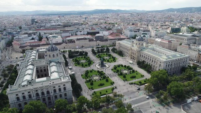 Majestic Maria Theresien Platz with Vienna cityscape in Background, Aerial Orbiting shot