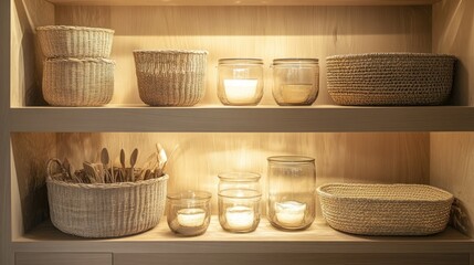 Natural and sustainable stock cupboard, woven baskets, glass containers, warm lighting, environmentally friendly design 