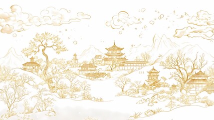 Chinese traditional golden line landscape illustration poster background